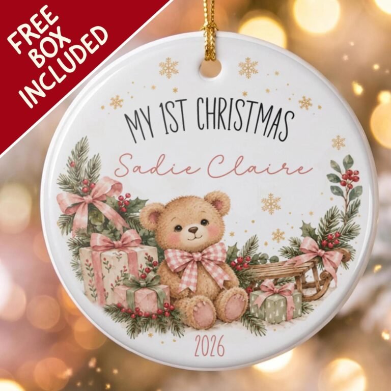 My 1st Christmas ornament with a teddy bear in a pink gingham bow among gifts