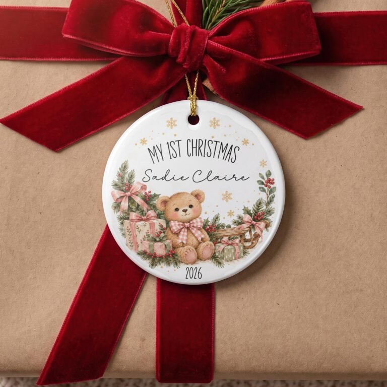 My 1st Christmas ornament with a teddy bear in a pink gingham bow among gifts