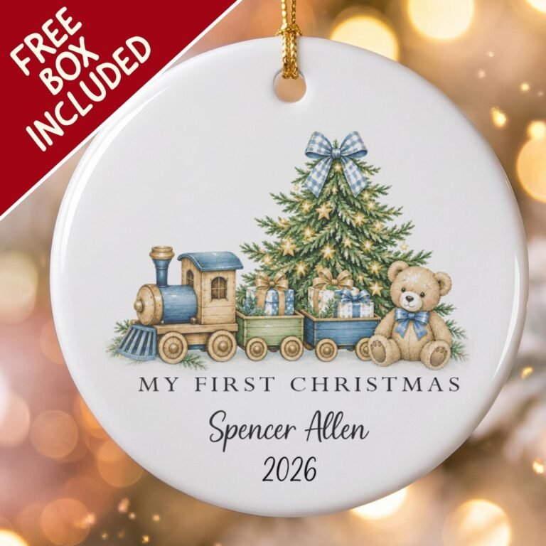 My First Christmas ornament with a watercolor blue train, tree and teddy bear