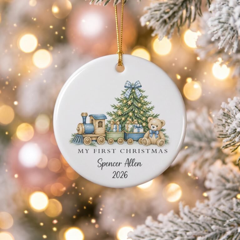 My First Christmas ornament with a watercolor blue train, tree and teddy bear