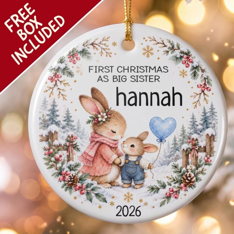 First Christmas as Big Sister ornament with two bunnies holding a blue heart balloon