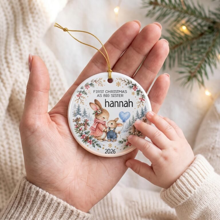 First Christmas as Big Sister ornament with two bunnies holding a blue heart balloon