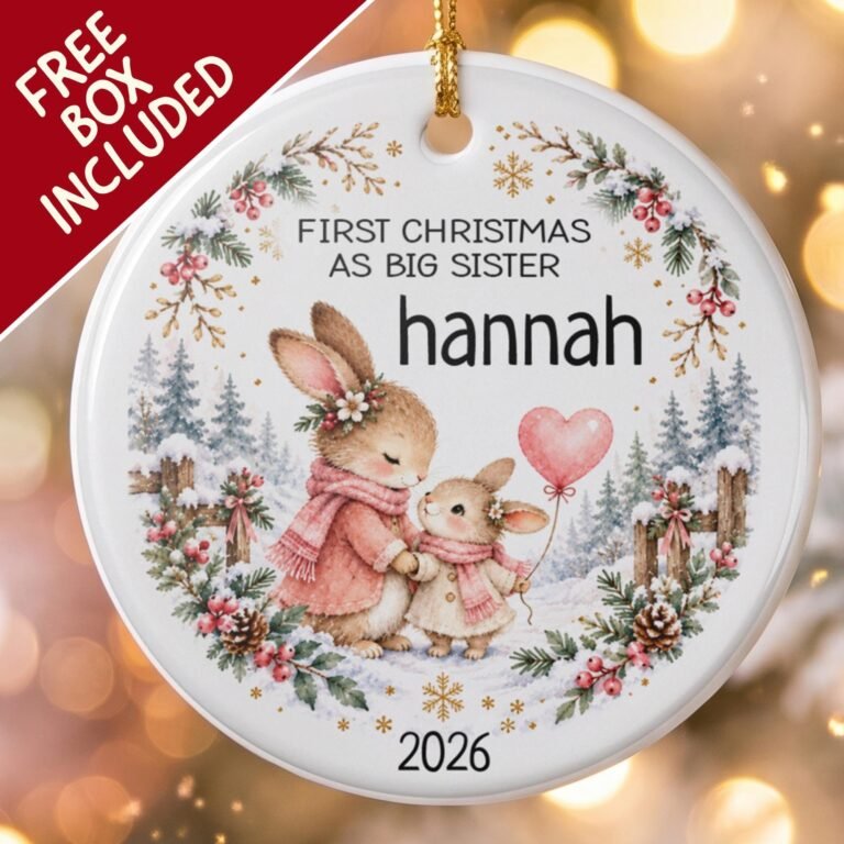 First Christmas as Big Sister ornament with two bunnies in pink scarves