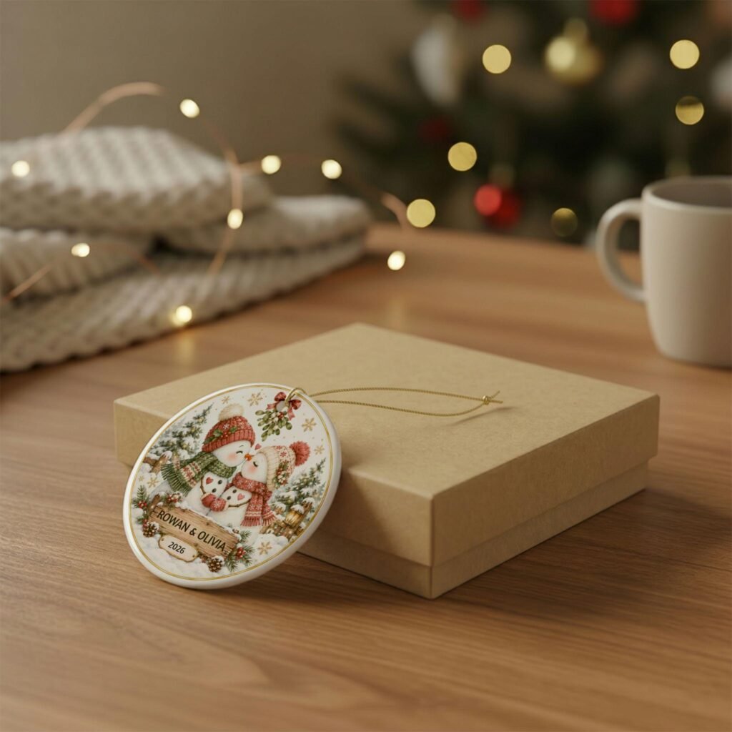 Personalized ceramic ornament resting on its gold gift box