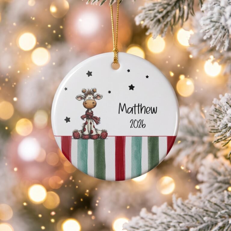 Personalized ornament with a giraffe in a polka dot scarf