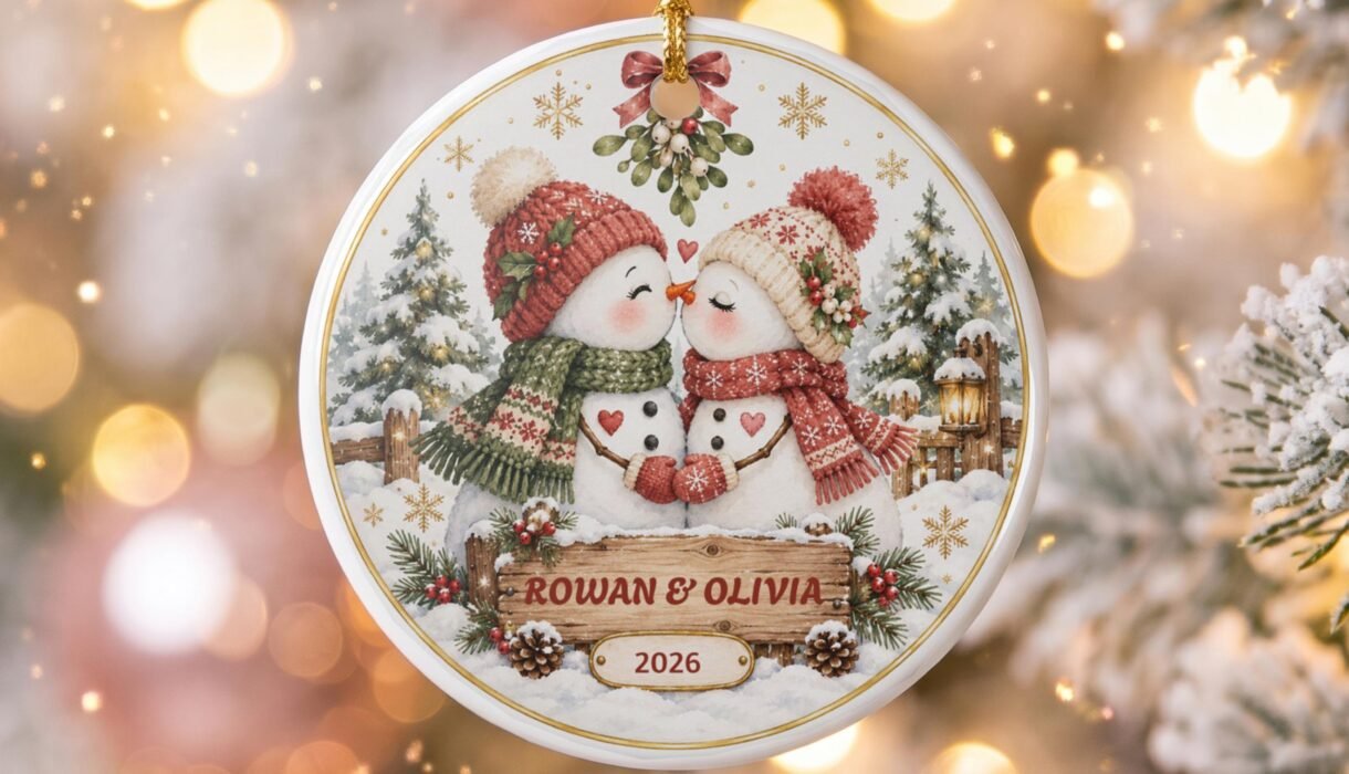 Personalized snowman couple ceramic ornament with names and year hanging on a Christmas tree