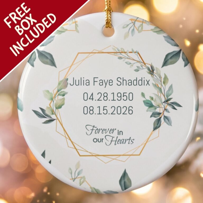 Personalized memorial ornament with a gold frame, watercolor leaves, name and dates