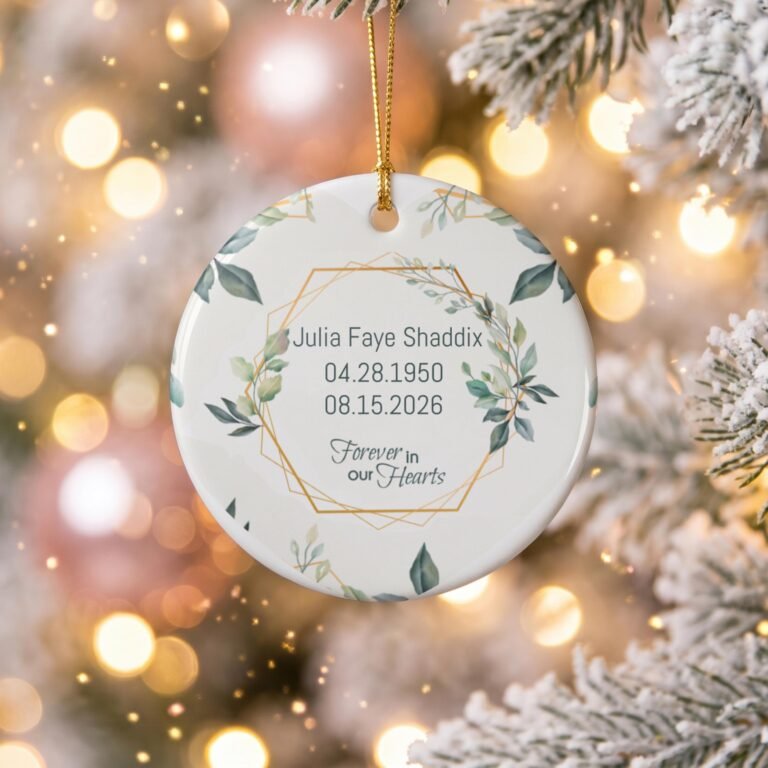 Personalized memorial ornament with a gold frame, watercolor leaves, name and dates