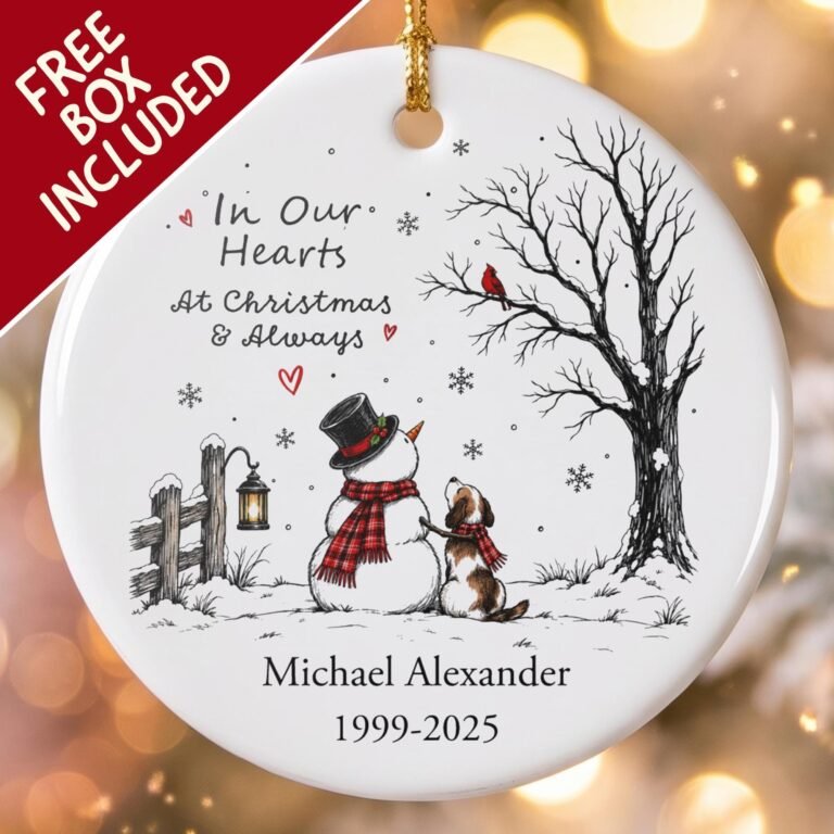 Memorial ornament with a snowman, dog, cardinal and lantern reading In Our Hearts At Christmas and Always