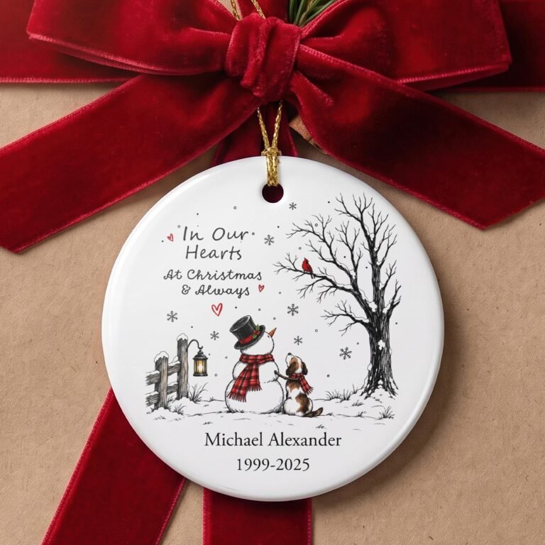 Memorial ornament with a snowman, dog, cardinal and lantern reading In Our Hearts At Christmas and Always