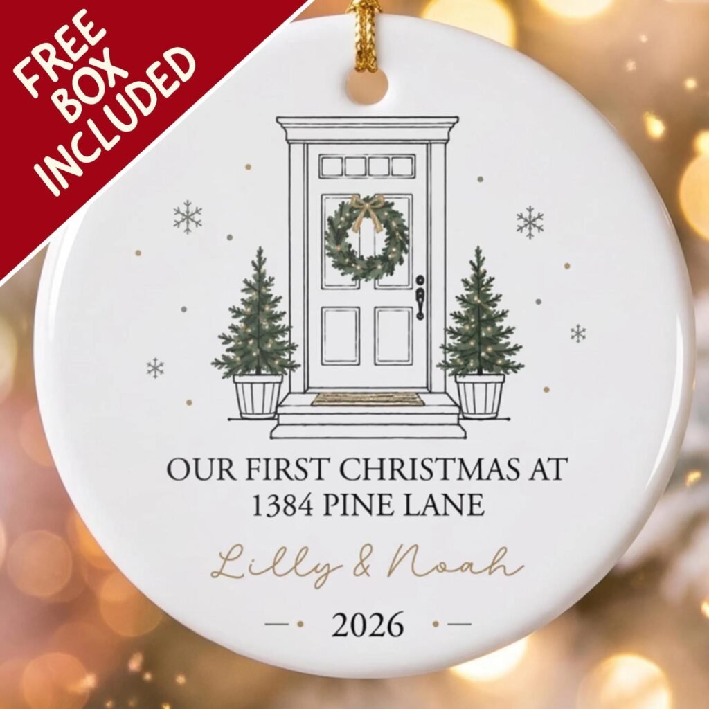 Our First Christmas ornament with a line drawing of a front door and wreath and a custom address