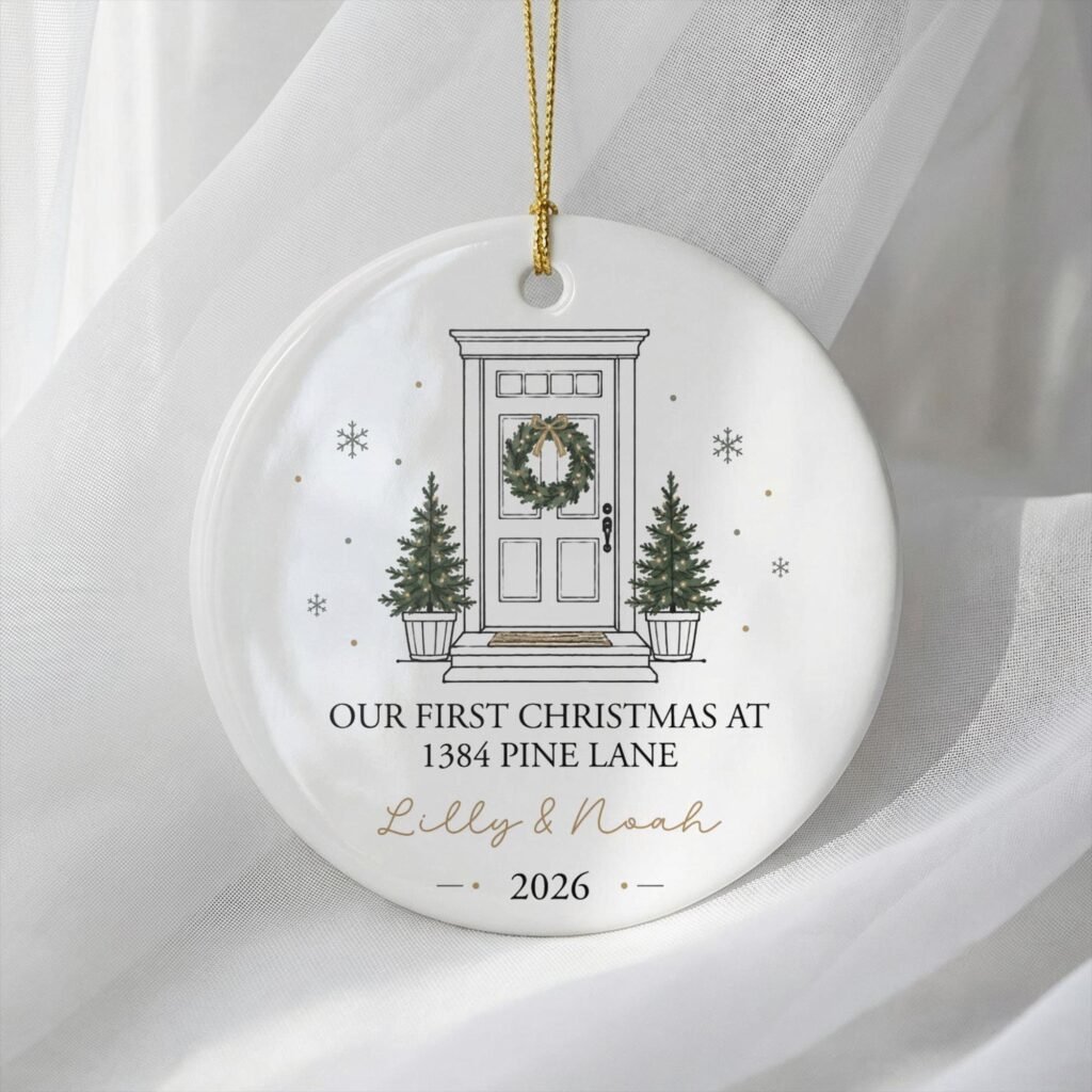 Personalized First Christmas in Our New Home ceramic ornament with a front door drawing and address