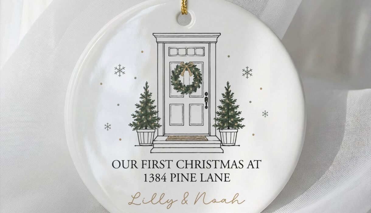 Our First Christmas ornament with a line drawing of a front door and wreath and a custom address