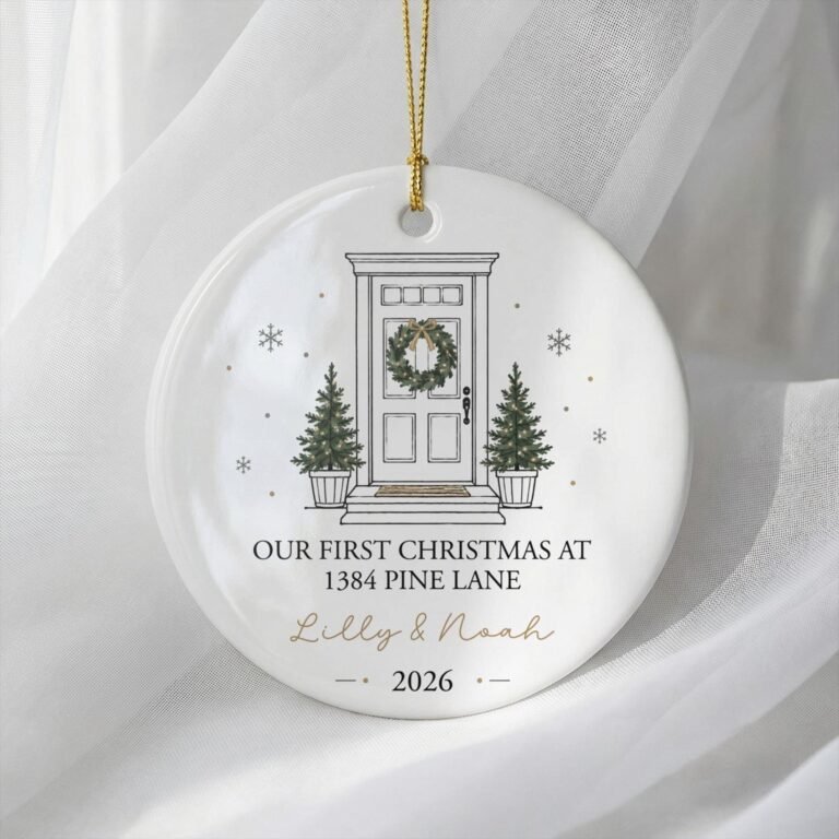 Our First Christmas ornament with a line drawing of a front door and wreath and a custom address