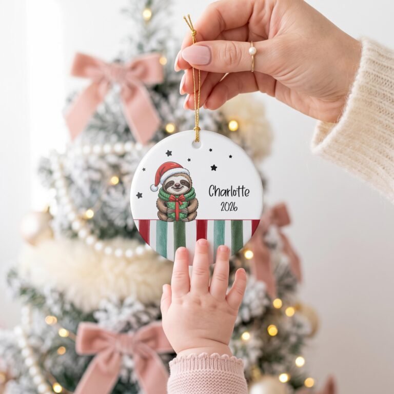 Personalized ornament with a sloth in a Santa hat holding a gift