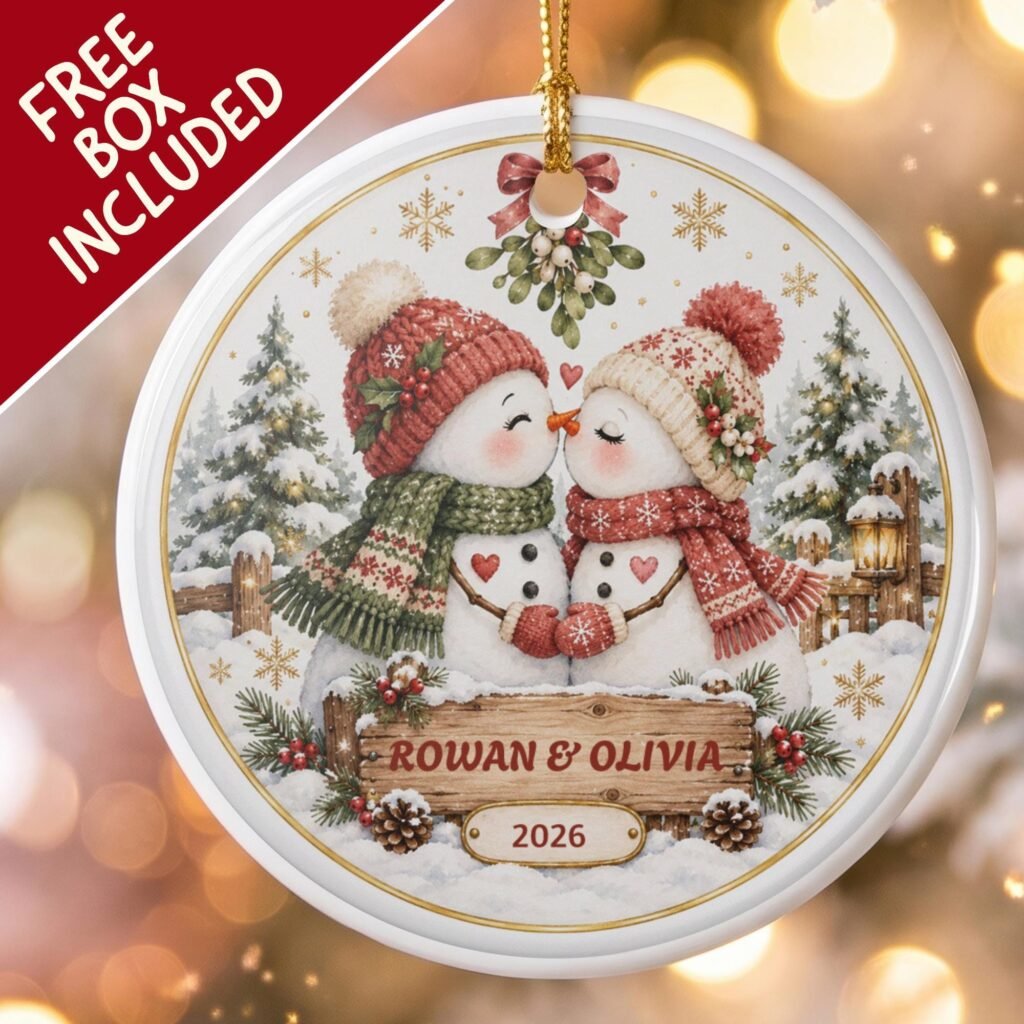 Personalized ceramic ornament with two snowmen in knit hats kissing under mistletoe, with names and year