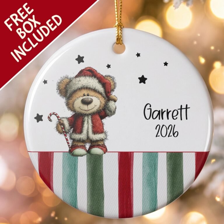 Personalized ceramic ornament with a teddy bear in a Santa hat holding a candy cane