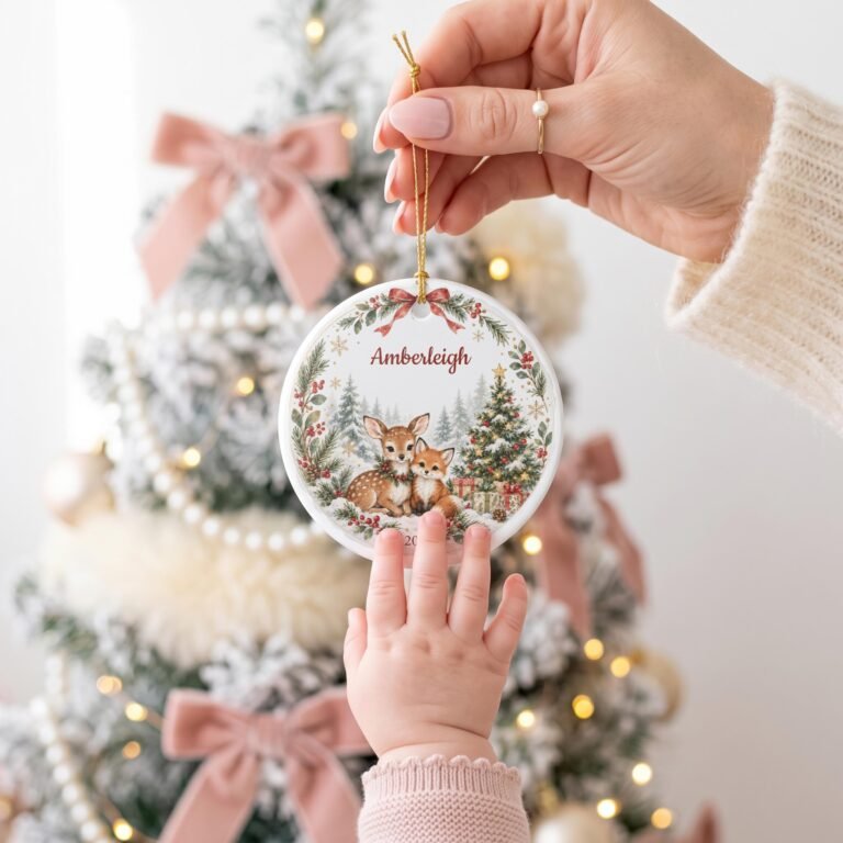 Personalized ceramic ornament with a fawn and a fox in the snow beside a Christmas tree